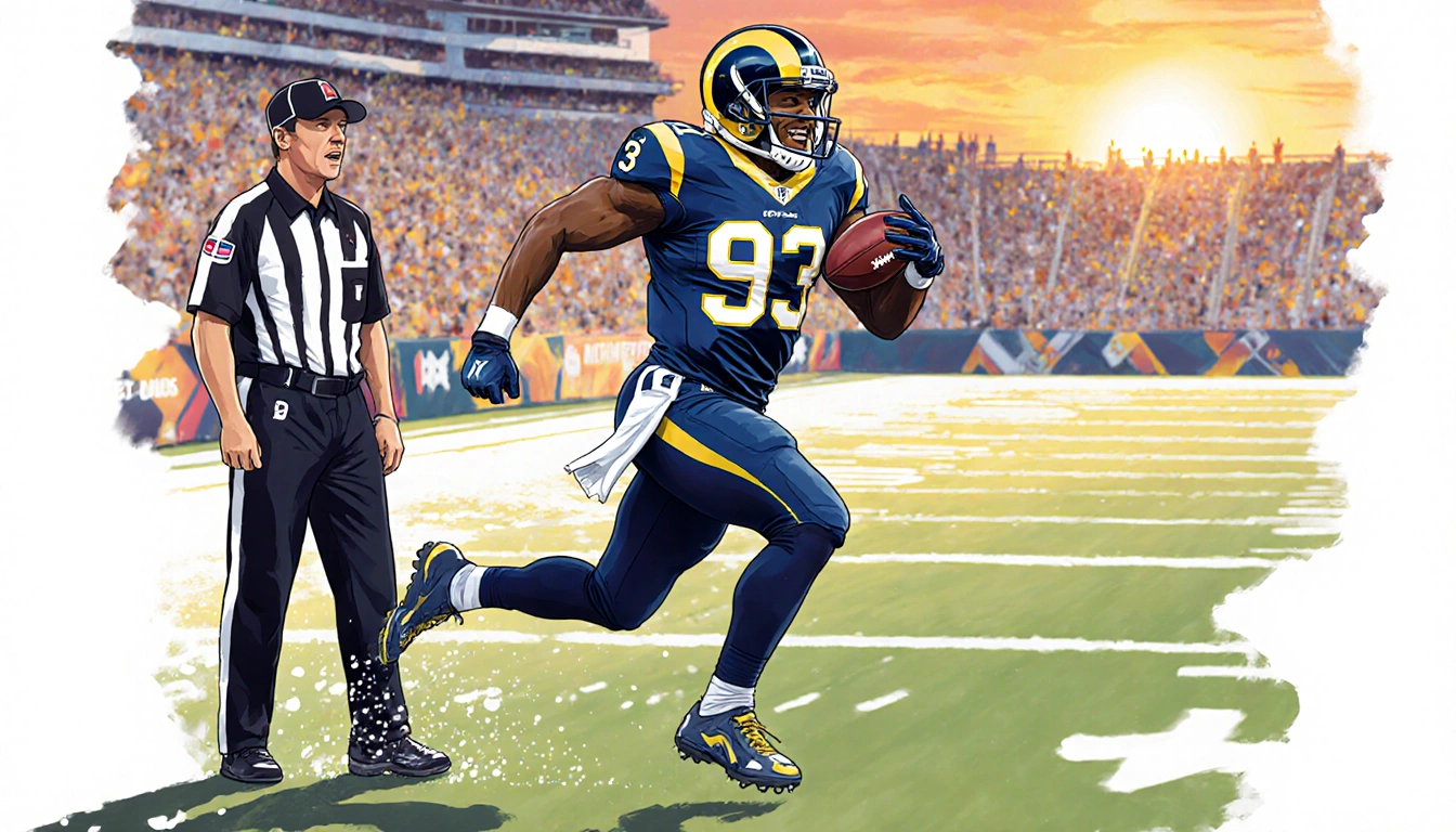 Robinson breaks free for 93-yard run with Rams QB Stafford celebrating under sunset-lit stadium.