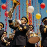 Musicians playing brass instruments with bright balloons and trophies amid a festive stadium backdrop