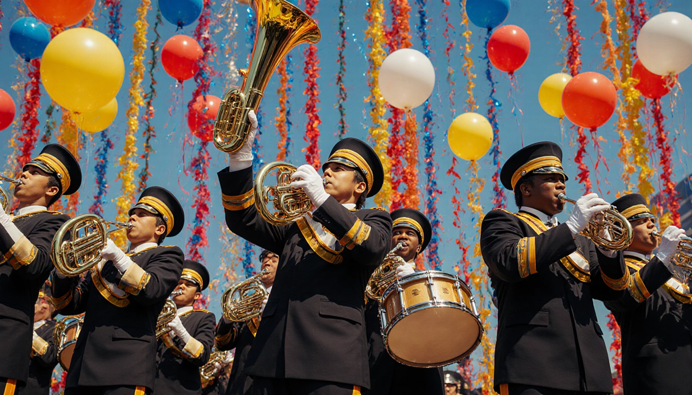 Musicians playing brass instruments with bright balloons and trophies amid a festive stadium backdrop