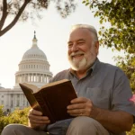 Rob Reiner sitting in a California garden holding a leather book with lush greenery and a Capitol silhouette in background.