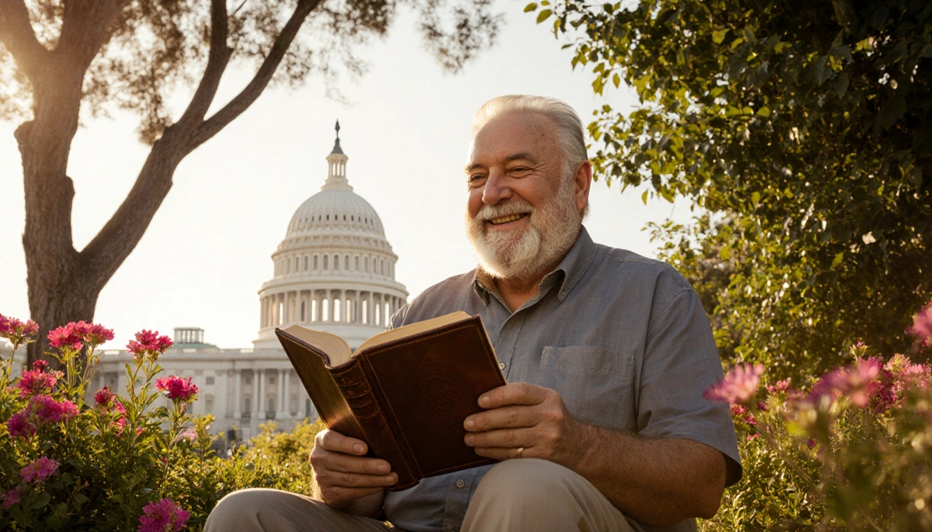 Rob Reiner sitting in a California garden holding a leather book with lush greenery and a Capitol silhouette in background.