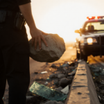 Person holding a large rock with shattered concrete and a sunset‑lit CHP car on the 101 Freeway