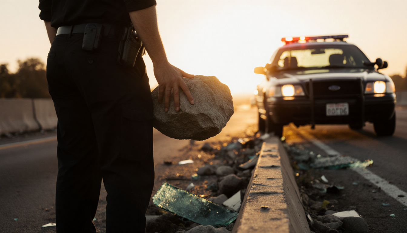 Person holding a large rock with shattered concrete and a sunset‑lit CHP car on the 101 Freeway