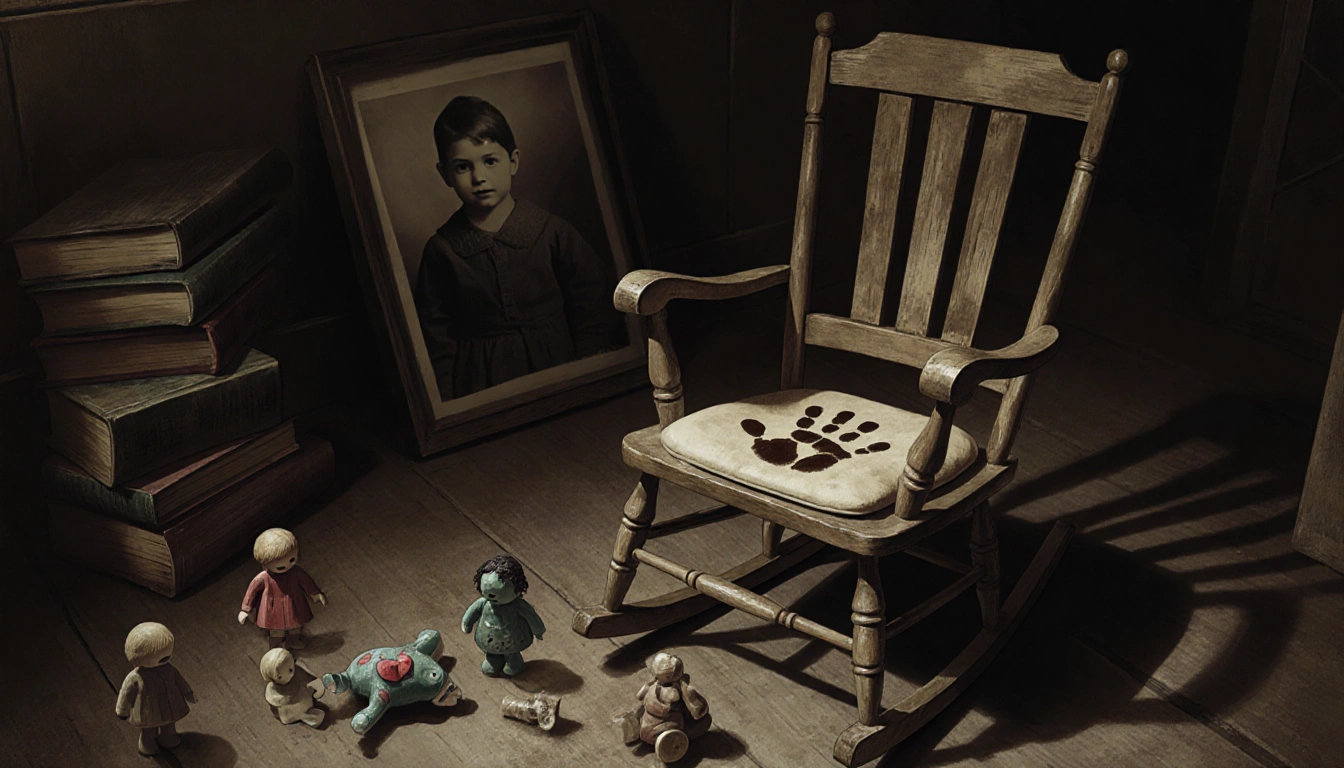 Wooden rocking chair showing faded handprint with dusty toys and books around in dimly lit room