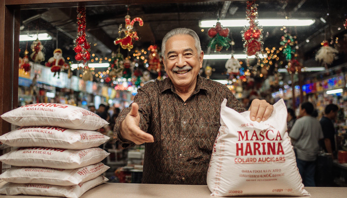 Rolando Pozos extends hand for handshake with masa harina bag in front and colorful marketplace lights in background.