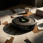 Roomba vacuum cleaner sits on cluttered table with dusty financial reports and coffee cups under soft golden light