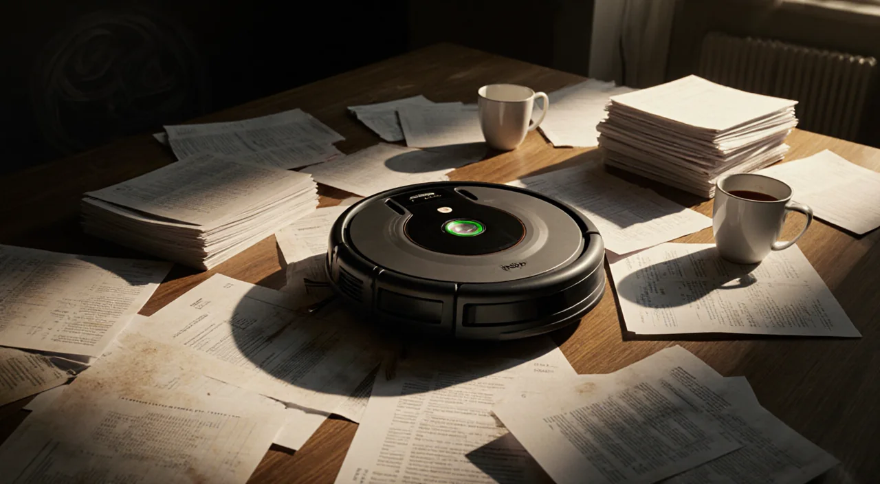 Roomba vacuum cleaner sits on cluttered table with dusty financial reports and coffee cups under soft golden light