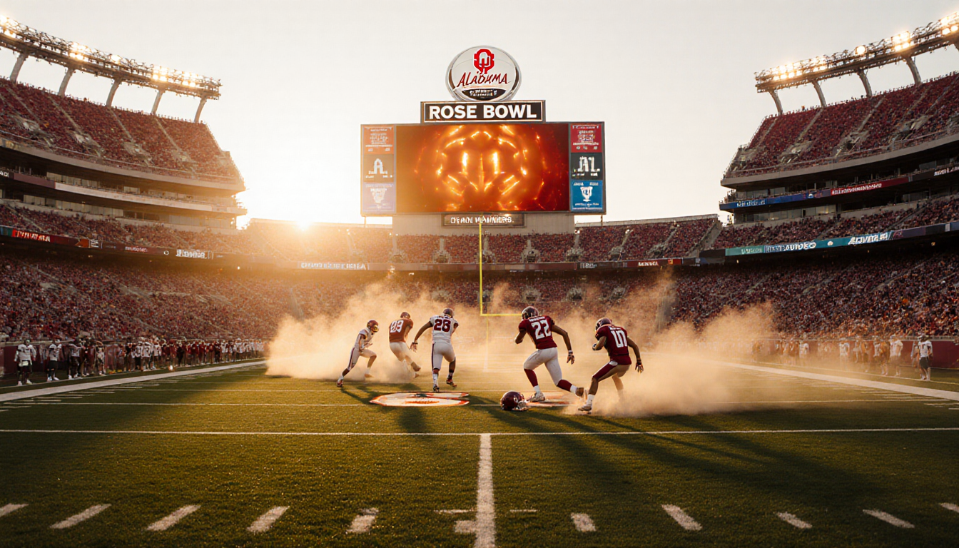 Football players kicking dust on green field with sunset Rose Bowl stadium and glowing scoreboard overhead