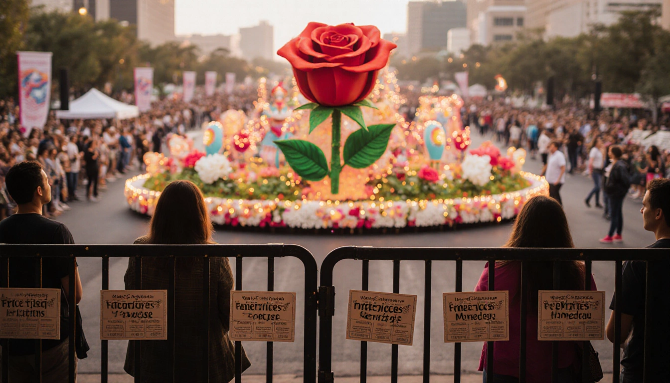 Crowd admiring a rose float with ticket gates showing free tickets and warm lighting.