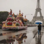 Rose Parade float passes down Pasadena street with Eiffel Tower replica in misty background and parade‑goers holding umbrella