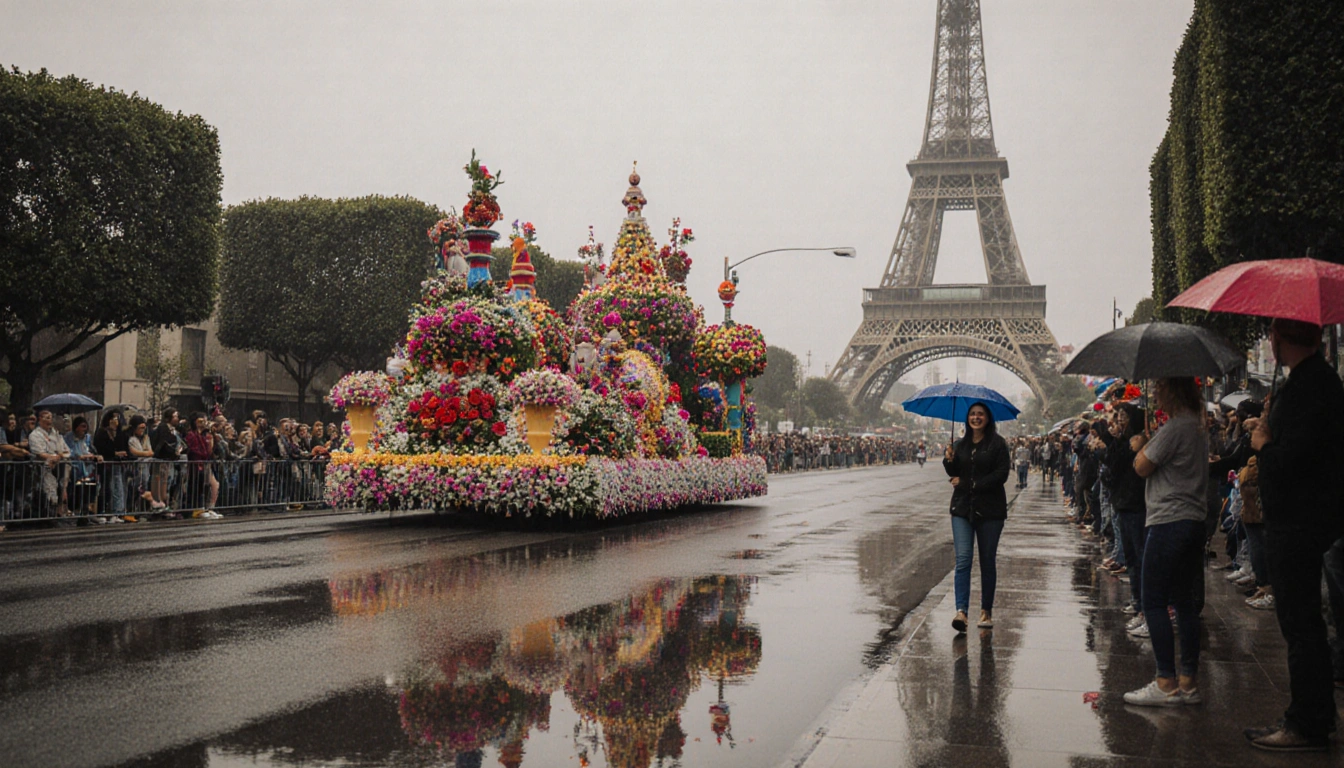 Rose Parade float passes down Pasadena street with Eiffel Tower replica in misty background and parade‑goers holding umbrella