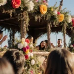 Attendees inspecting a vibrant Rose Parade float with bright sunlight and colorful flowers