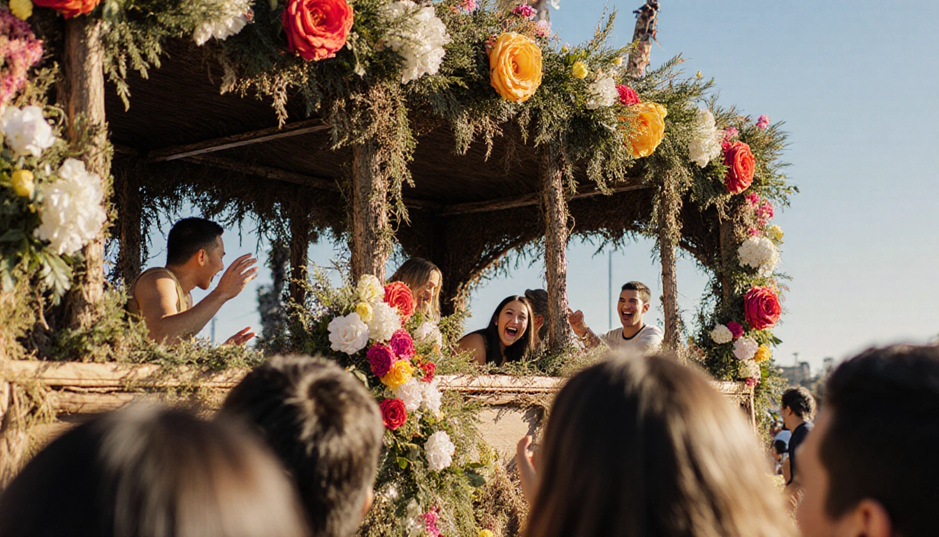Attendees inspecting a vibrant Rose Parade float with bright sunlight and colorful flowers