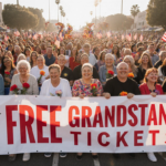 Residents Eaton and Palisades fires smile on Rose Parade grandstand with banner reading Free Grandstand Tickets amid floats.