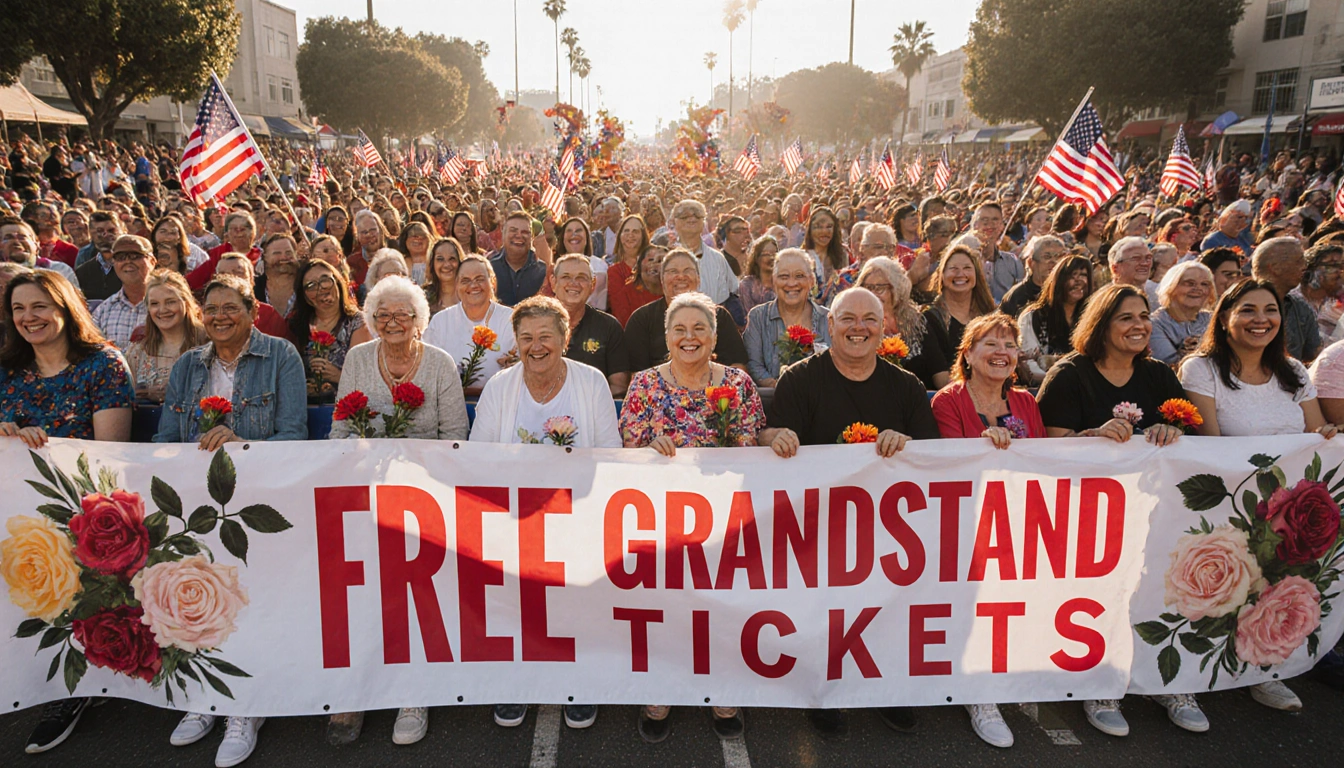 Residents Eaton and Palisades fires smile on Rose Parade grandstand with banner reading Free Grandstand Tickets amid floats.