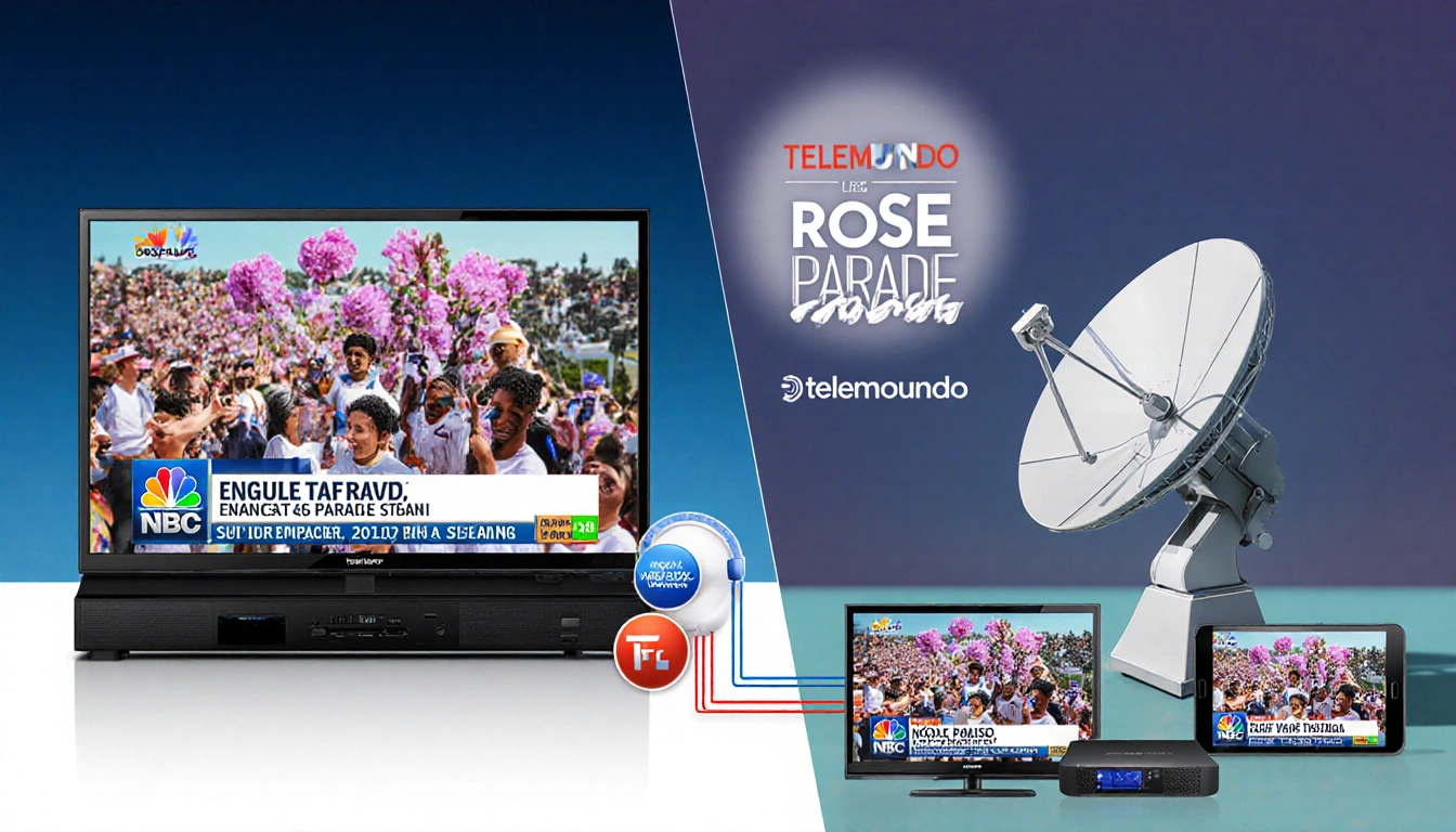 TV broadcast setup shows English Rose Parade and Spanish Telemundo with dish backdrop and streaming hub.
