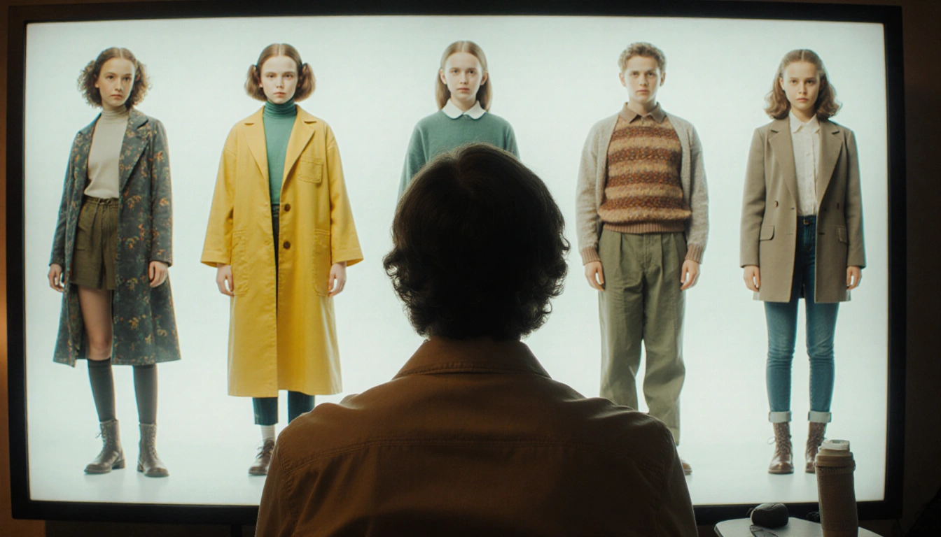 Ross Duffer sitting in front of a glowing screen with Eleven's yellow lab coat and sweater from Stranger Things