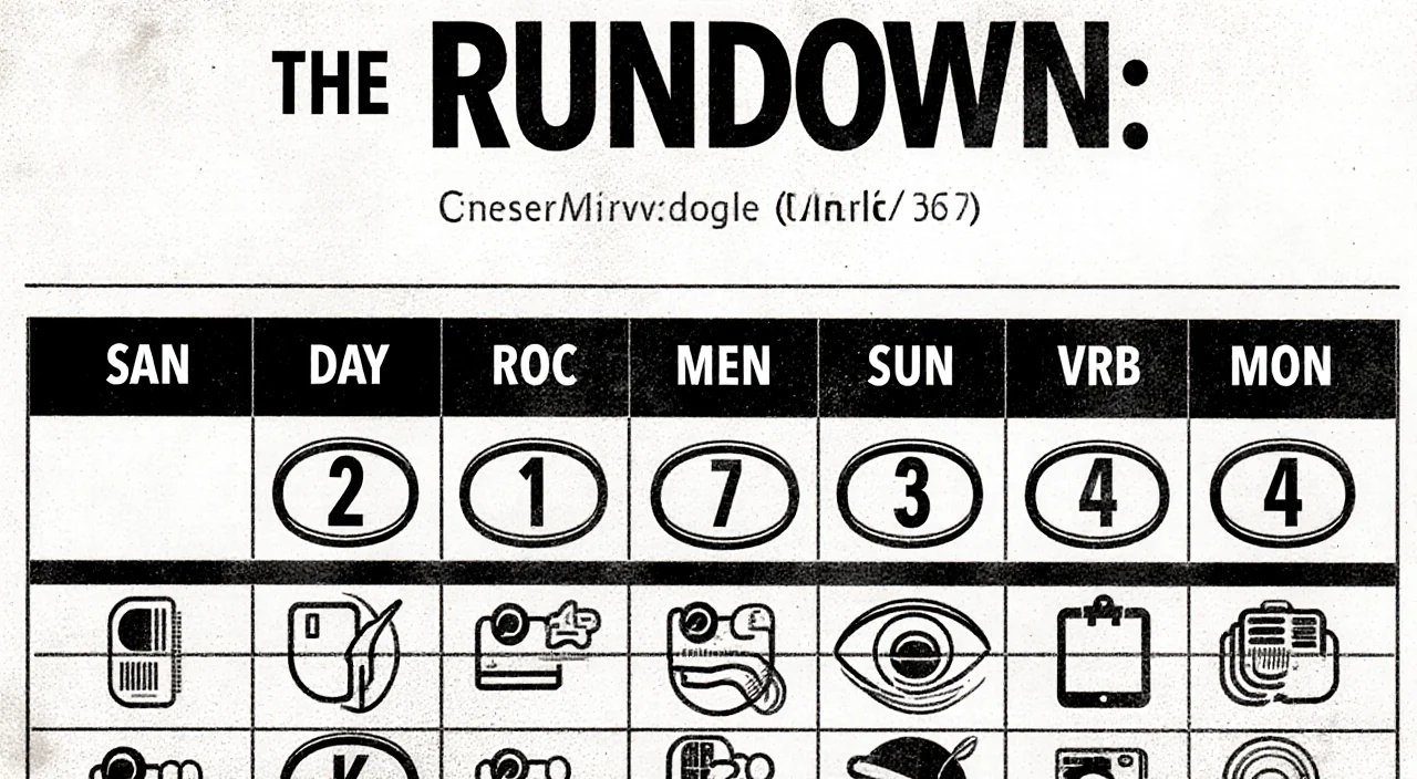 Bold headline reads The Rundown with a clean grid of weekday icons and dates below