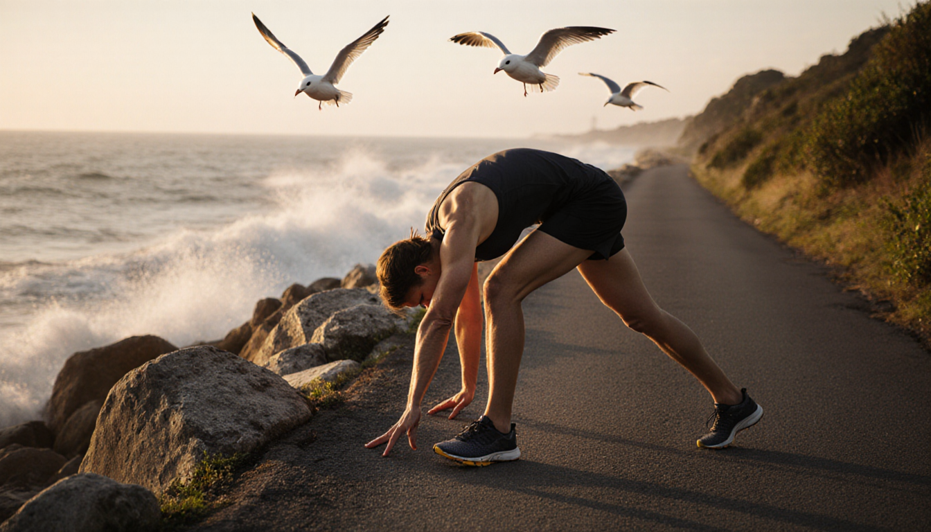 Runner stretching along a coastal path with gentle ocean waves and seagulls overhead