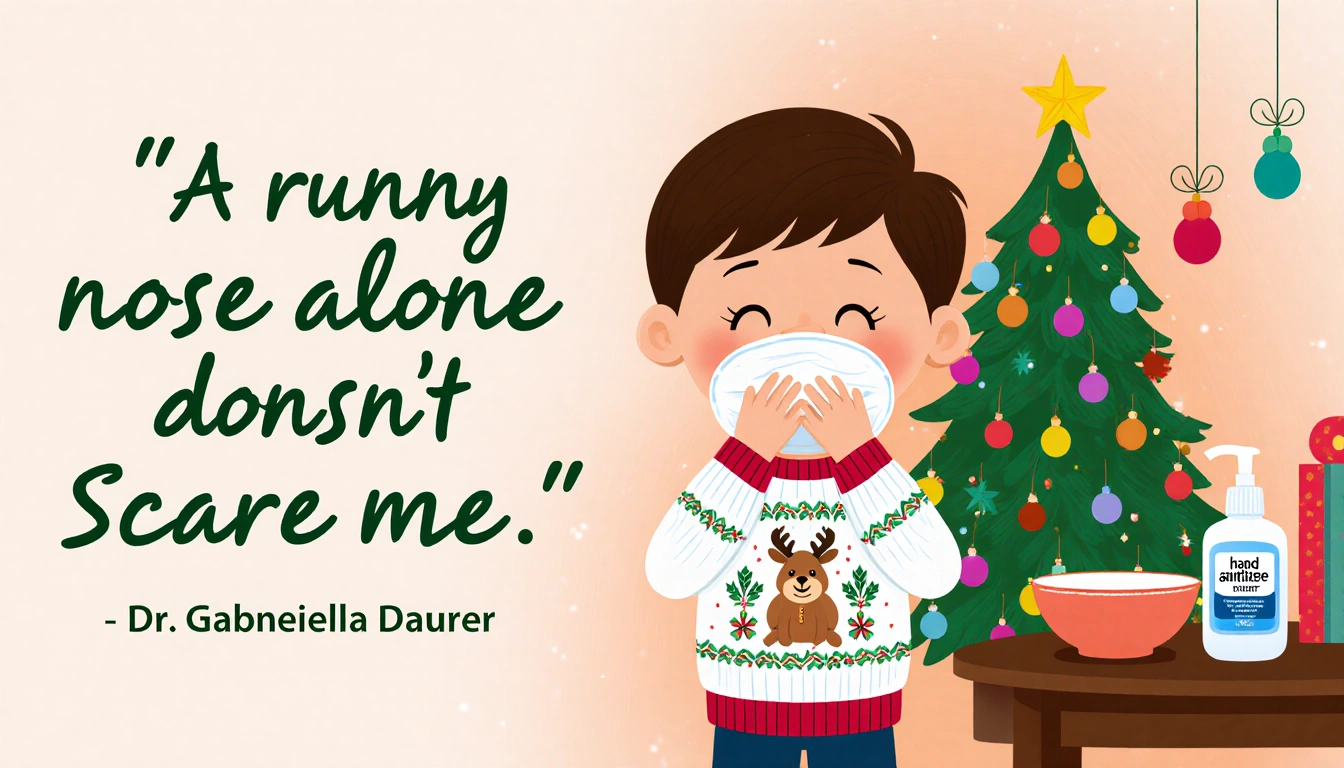 Smiling child in holiday sweater standing beside decorated Christmas tree with hand sanitizer bowl on nearby winter table