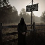 Lone figure standing beside weathered fence with overgrown weeds and sunlight filtering, crooked Church of Hope sign in dista