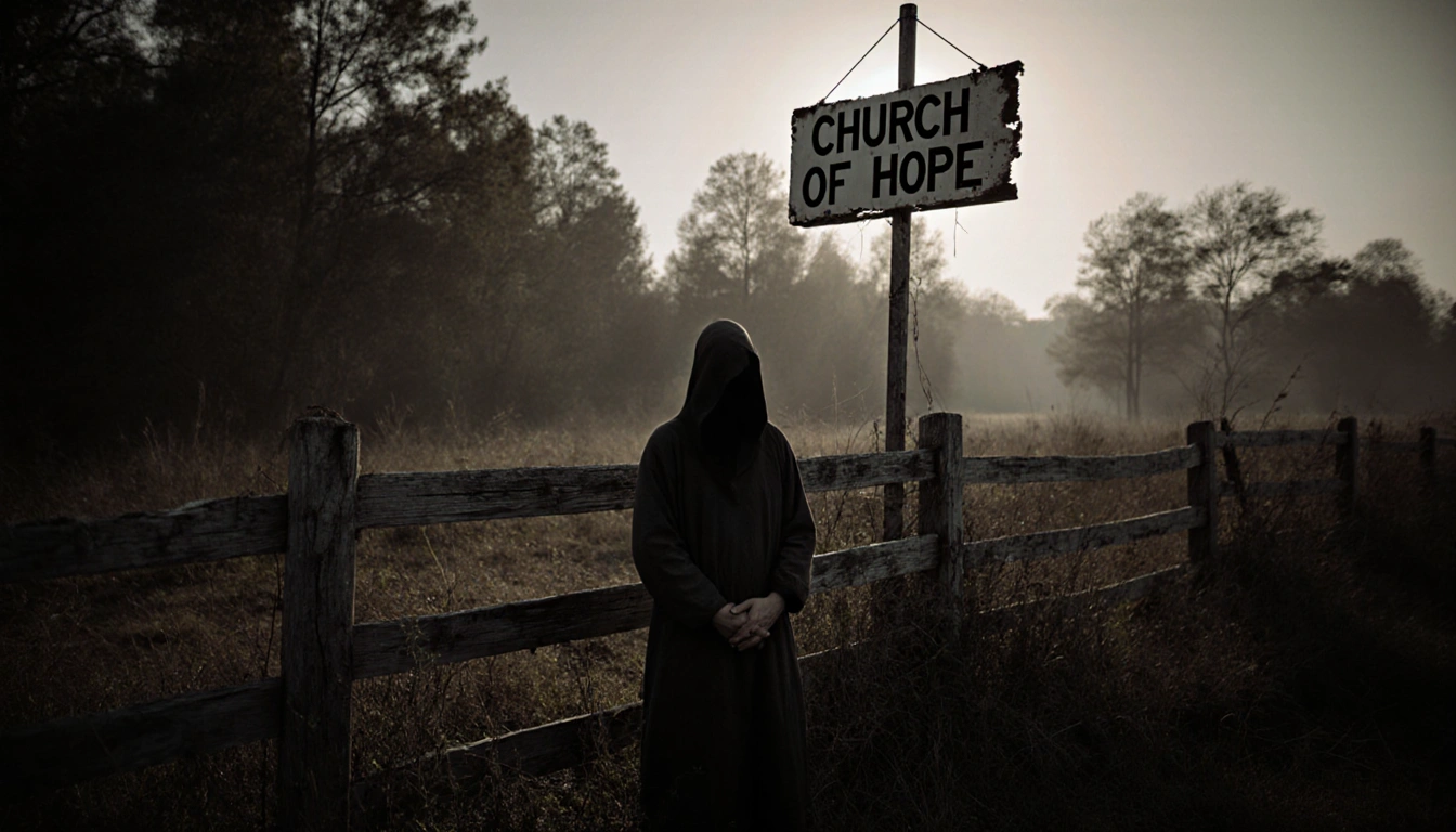 Lone figure standing beside weathered fence with overgrown weeds and sunlight filtering, crooked Church of Hope sign in dista
