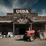 Red tractor drives across parking lot with dust kicking up and medical supplies scattered nearby.