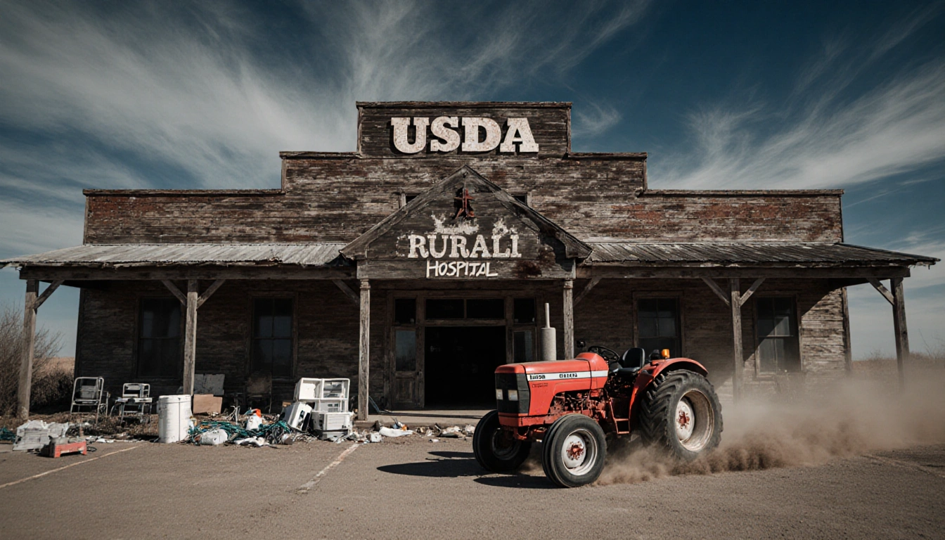 Red tractor drives across parking lot with dust kicking up and medical supplies scattered nearby.