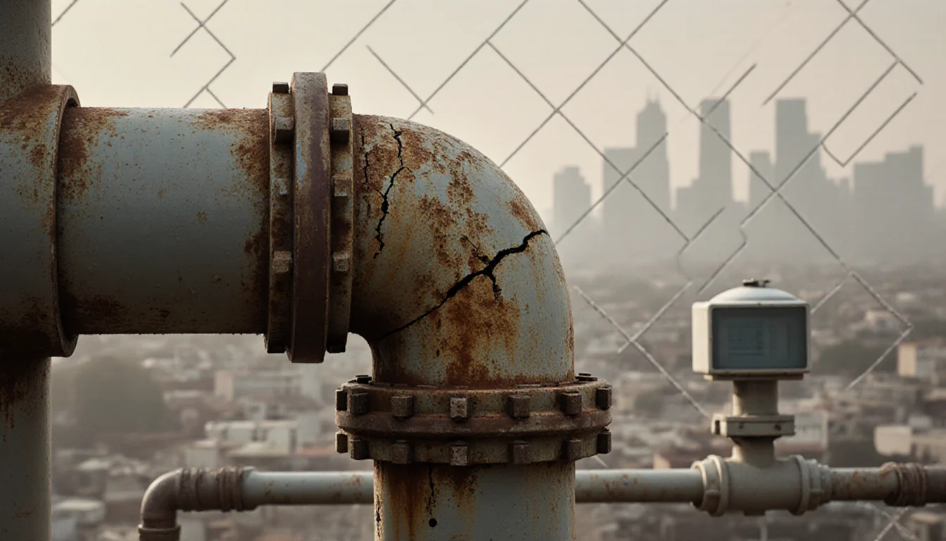 Rusty water pipe exposing cracks with aging background and monitoring equipment signaling upgrade.