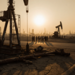 Community members marching with rusted oil wellhead and dusty landscape.
