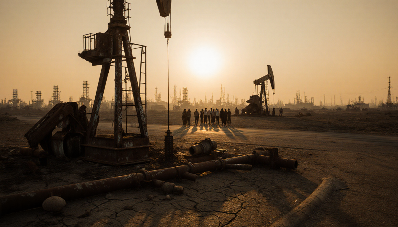 Community members marching with rusted oil wellhead and dusty landscape.