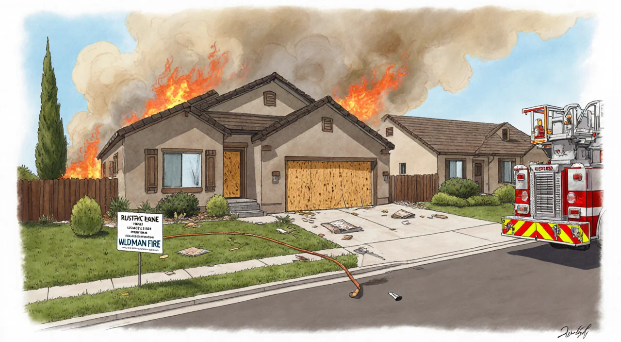 Home on Rustic Lane stands with smoke and flames from a brush fire and firefighting equipment nearby