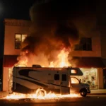 Large RV burning beside a Chatsworth street storefront with flames licking the vehicle and warm glow from windows