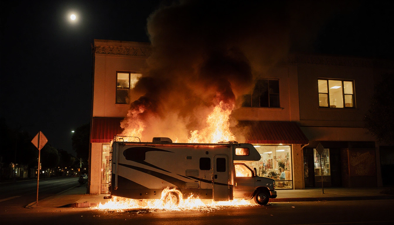 Large RV burning beside a Chatsworth street storefront with flames licking the vehicle and warm glow from windows