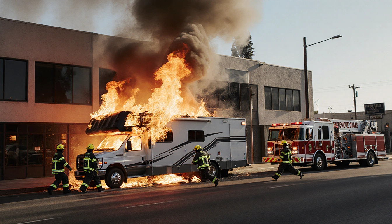 Firefighters rushing toward a blazing RV with fire trucks parked nearby and a dark commercial building in the background