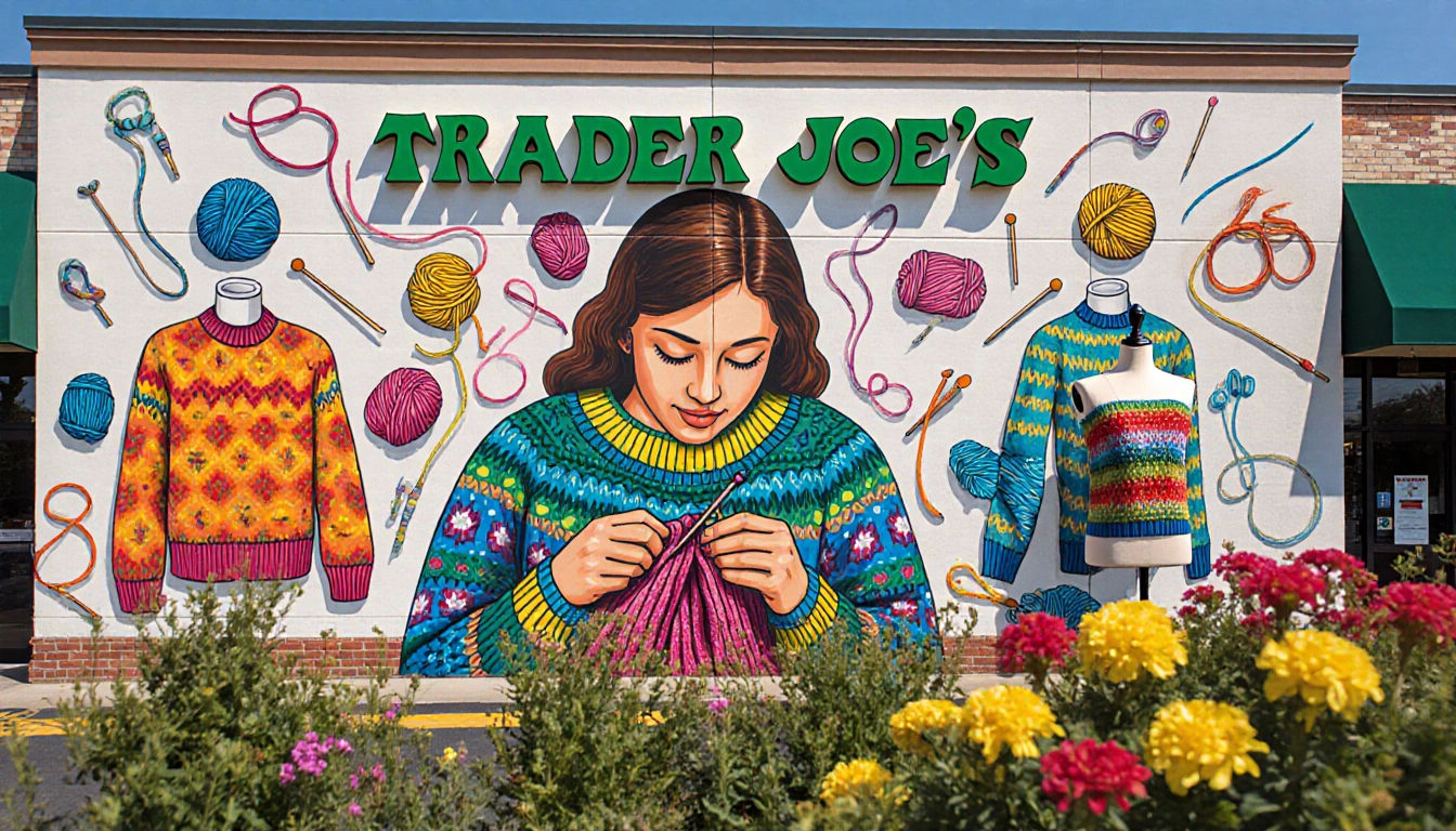 Sam knitting with yarn balls and needles and a mannequin showing a viral sweater in background surrounded by flowers