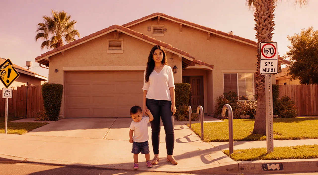 Samantha Acosta standing with her child playing at her feet and a suburban home with speed limit signs in background