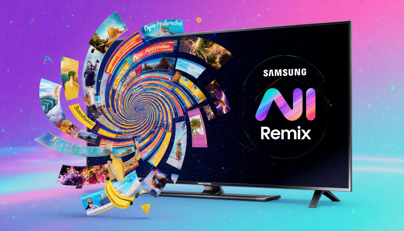 Futuristic TV screen glowing with a Samsung AI product and spiral algorithm with Nano Banana templates.