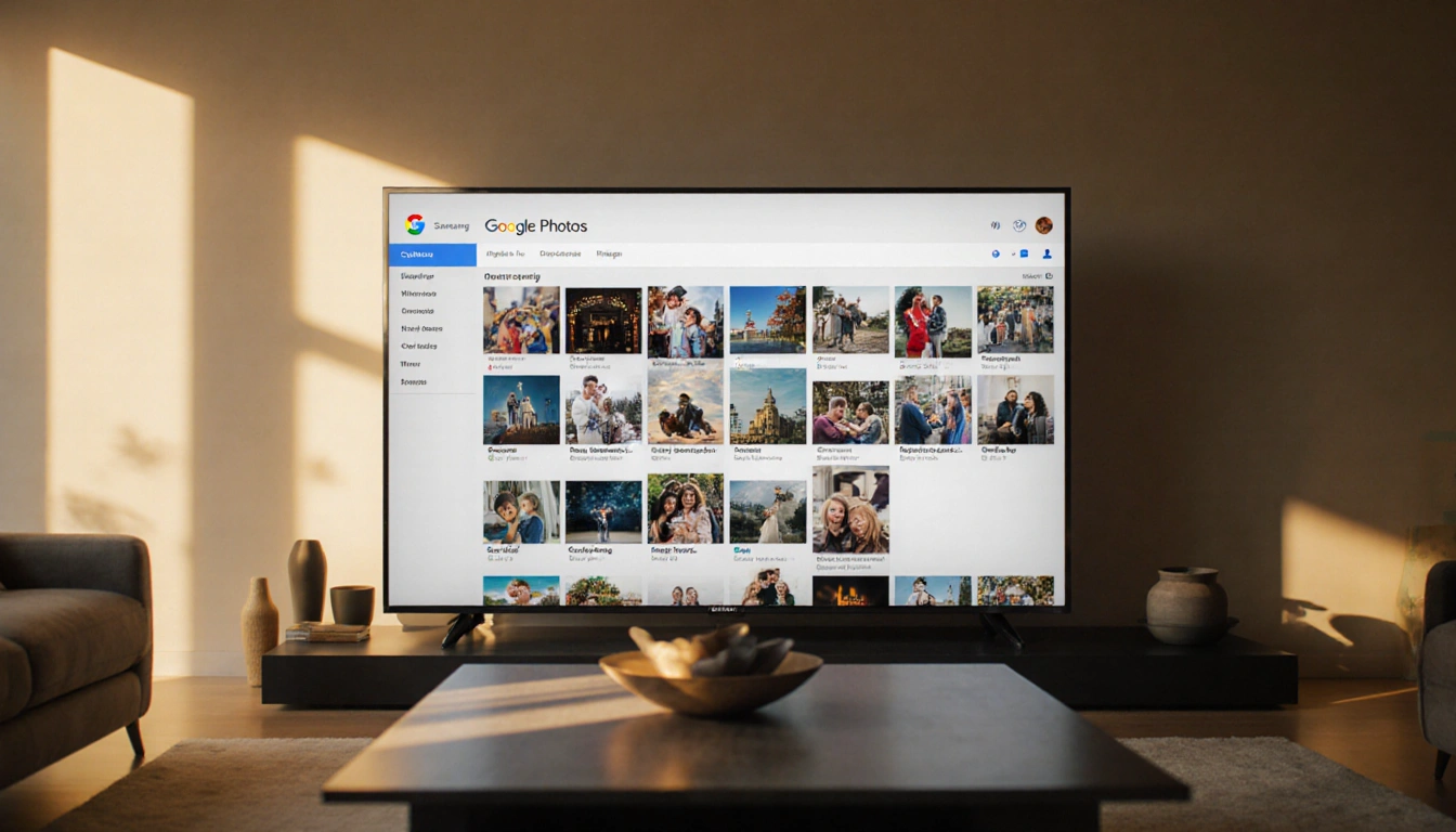 Samsung TV screen showing Google Photos memories with warm golden light spilling onto coffee table in modern living room