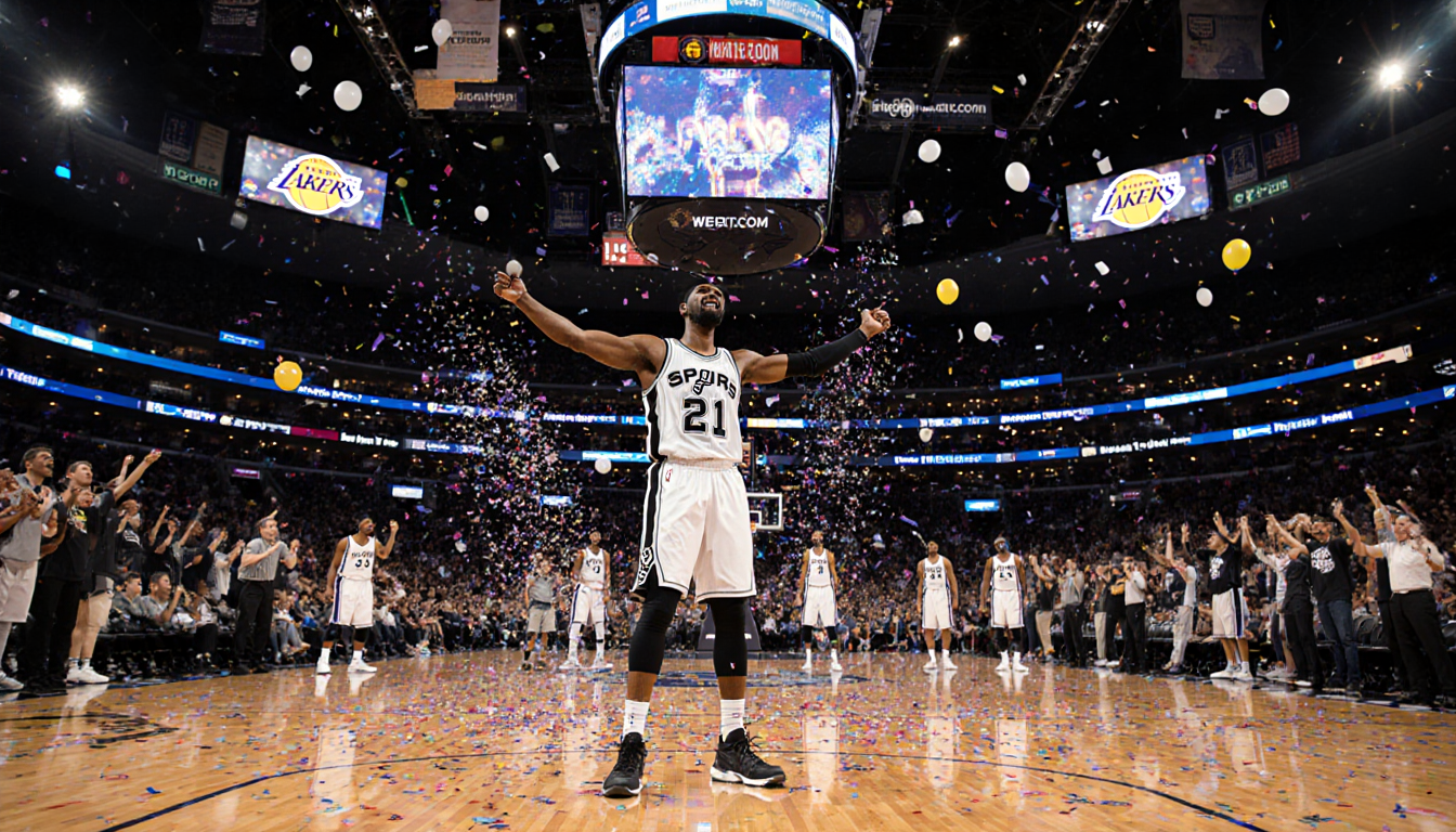 Stephon Castle celebrates Spurs victory on arena court with confetti and LED lights while Lakers bench looks disappointed