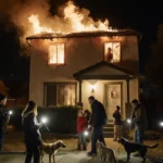 Person pulling sleeping couple from second-story window with flames and rescue effort in San Bernardino neighborhood