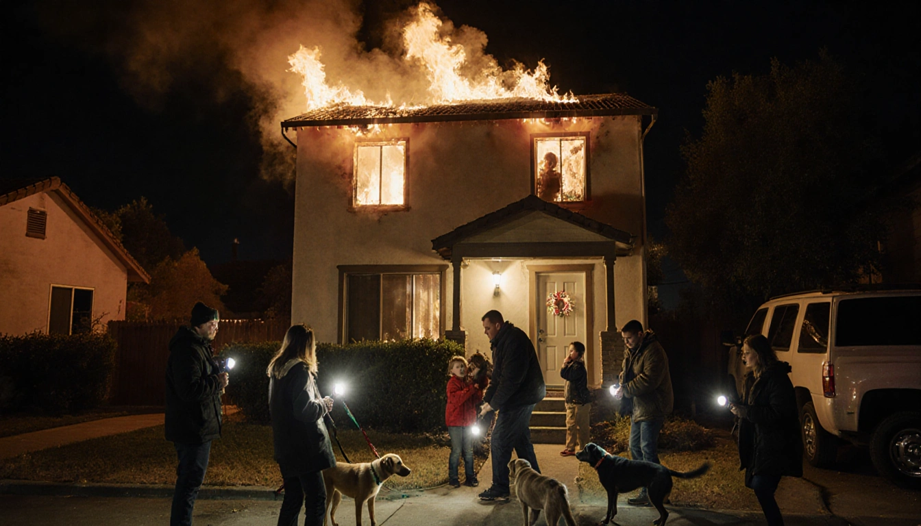 Person pulling sleeping couple from second-story window with flames and rescue effort in San Bernardino neighborhood