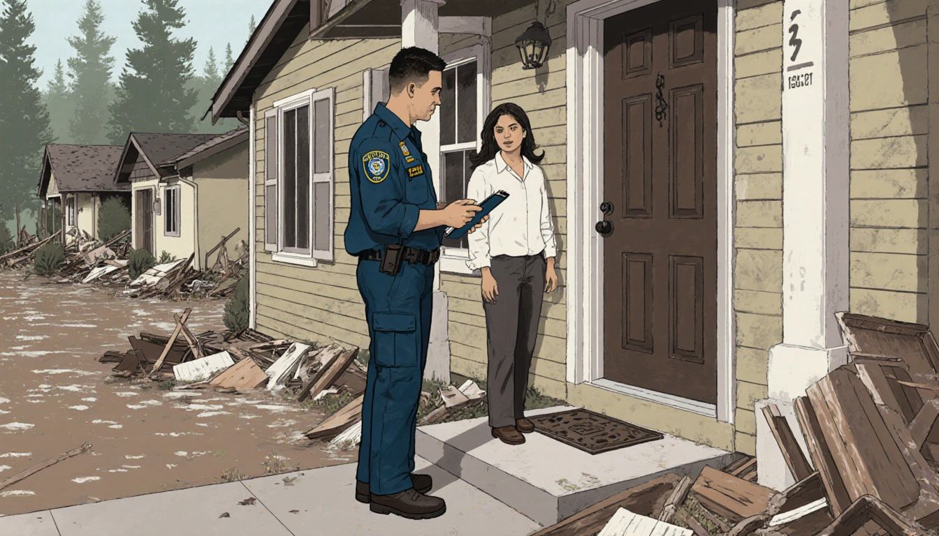 County worker holding tablet at doorway with homeowner beside him and flooded debris behind them