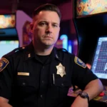 Officer Mitchell Collier sits at a retro arcade console with neon lights and an ECG monitor showing his vitals