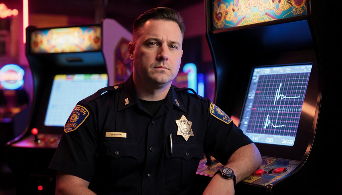 Officer Mitchell Collier sits at a retro arcade console with neon lights and an ECG monitor showing his vitals