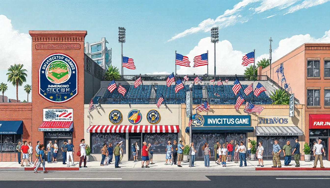 People gathering in a vibrant San Diego neighborhood with Petco Park and Snapdragon Stadium and patriotic flags.
