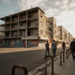 People walking past a vacant building in San Diego with rusted bike racks and long golden shadows