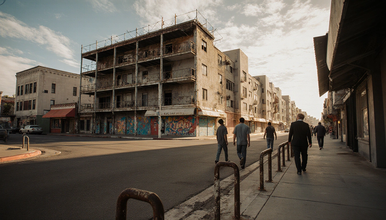 People walking past a vacant building in San Diego with rusted bike racks and long golden shadows