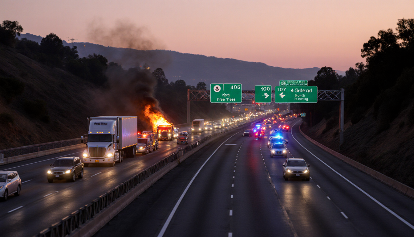 Cars jammed on the Ventura Boulevard connector with emergency trucks and lane closures due to fire.