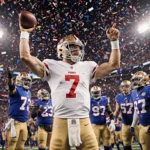 Brock Purdy raises his arms holding a touchdown ball with confetti swirling and 49ers teammates cheering in a packed stadium.